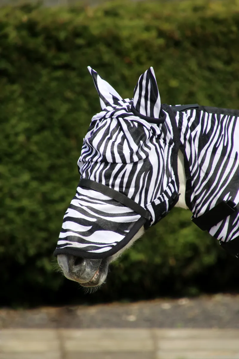Hy Equestrian Zebra Fly Mask With Ears And Detachable Nose - Black/White-2